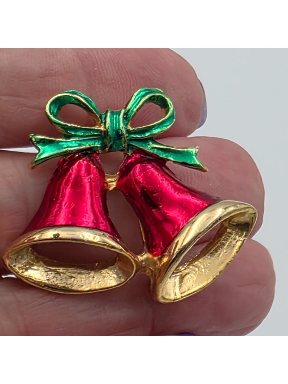 Vintage Christmas Bell Brooch Pin Red & Green Enamel Gold Tone Holiday Jewelry